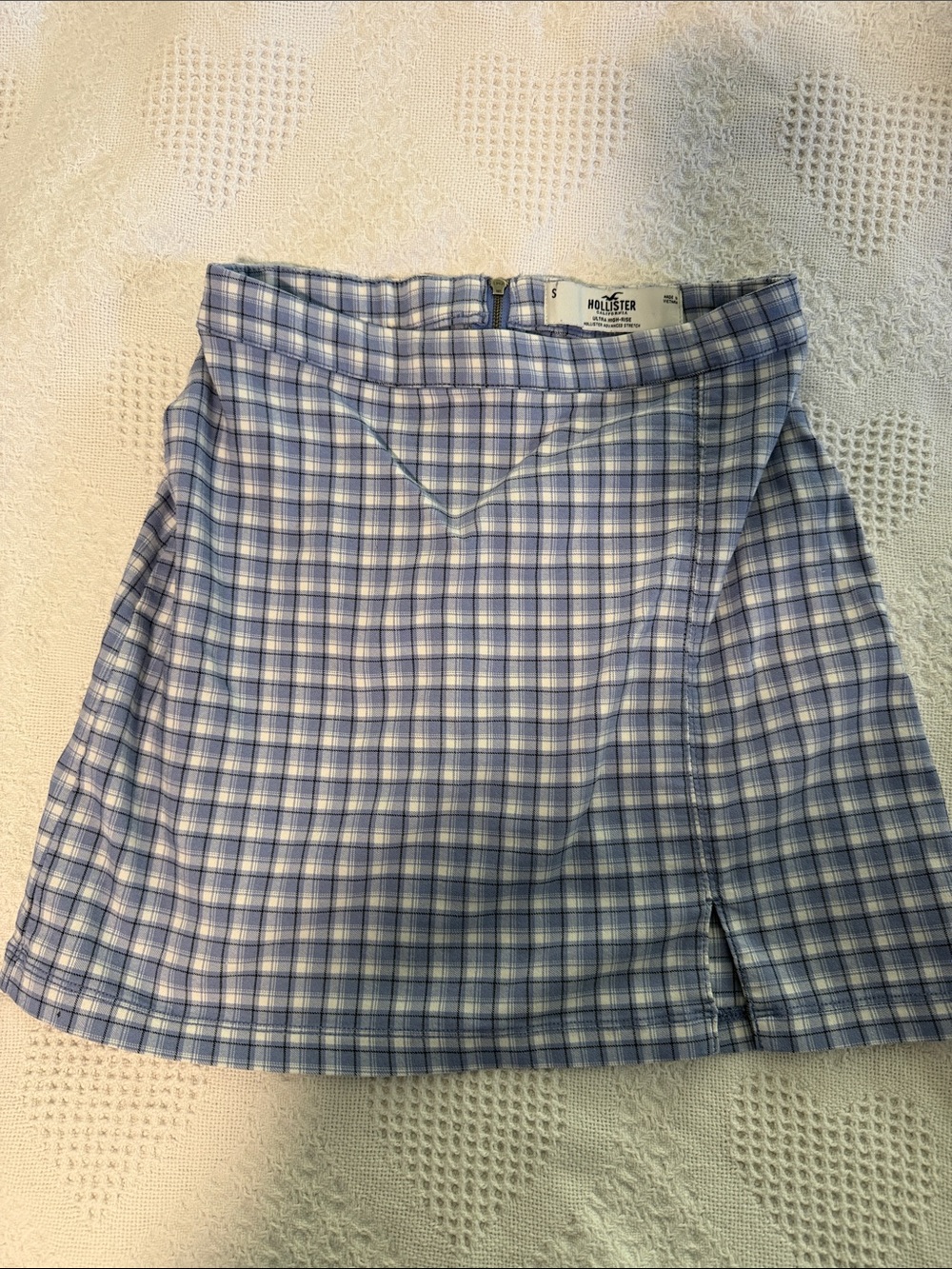 Hollister Light Blue Plaid A-Line Skirt with Front Slit